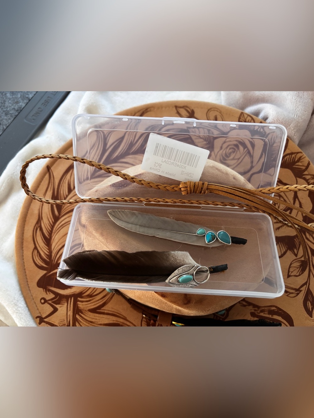 Turquoise Feather  - Boho Leather Braided Accent